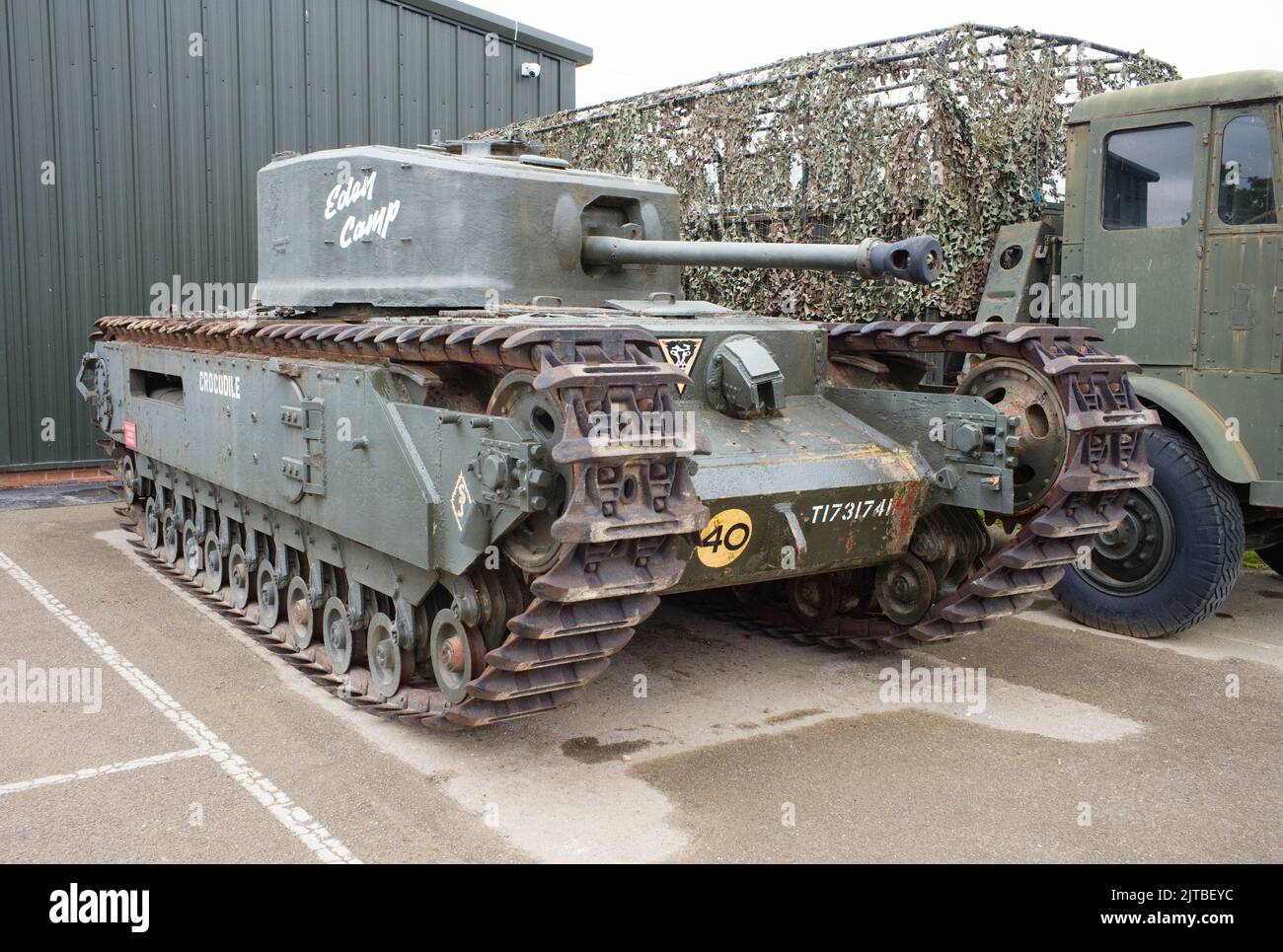 A small WWII tank outside at the Eden Camp WWII war museum in Malton, Yorkshire Stock Photo