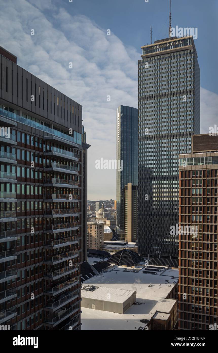 A vertical closeup of high Back Bay Boston buildings with the