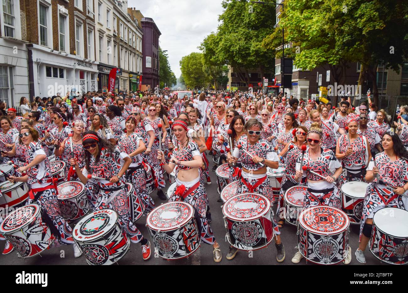 London, England, UK. 29th Aug, 2022. Drummers perform in the parade on