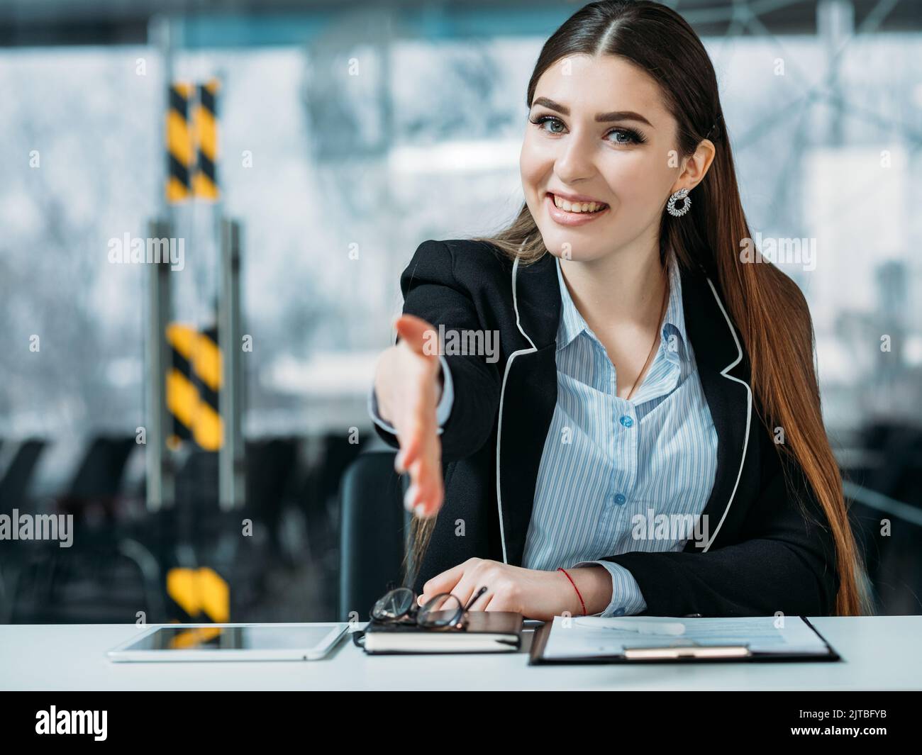 friendly hr portrait smiling intern welcoming hand Stock Photo