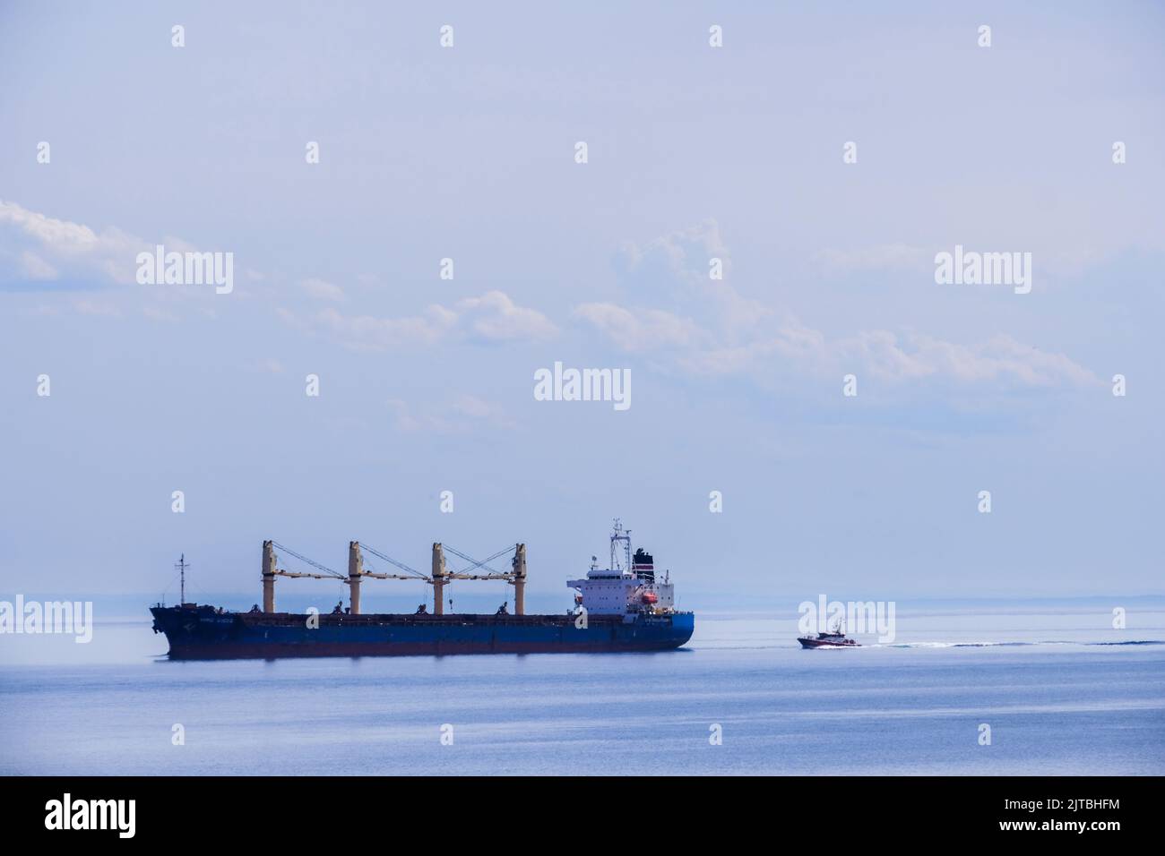 Cargo ship in the St. Lawrence River, Quebec, Canada, Cap de Bon-Desir, Quebec. Stock Photo