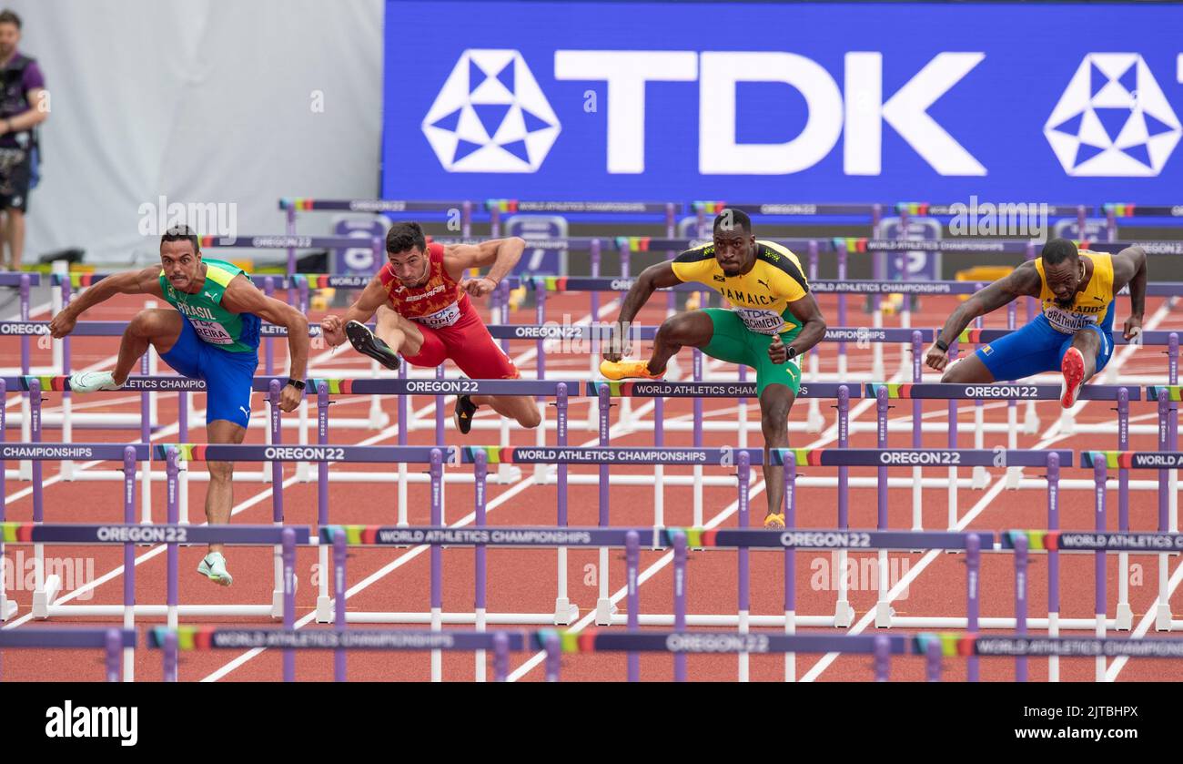 Hansle Parchment of Jamaica competing in the men’s 110m hurdles heat 4
