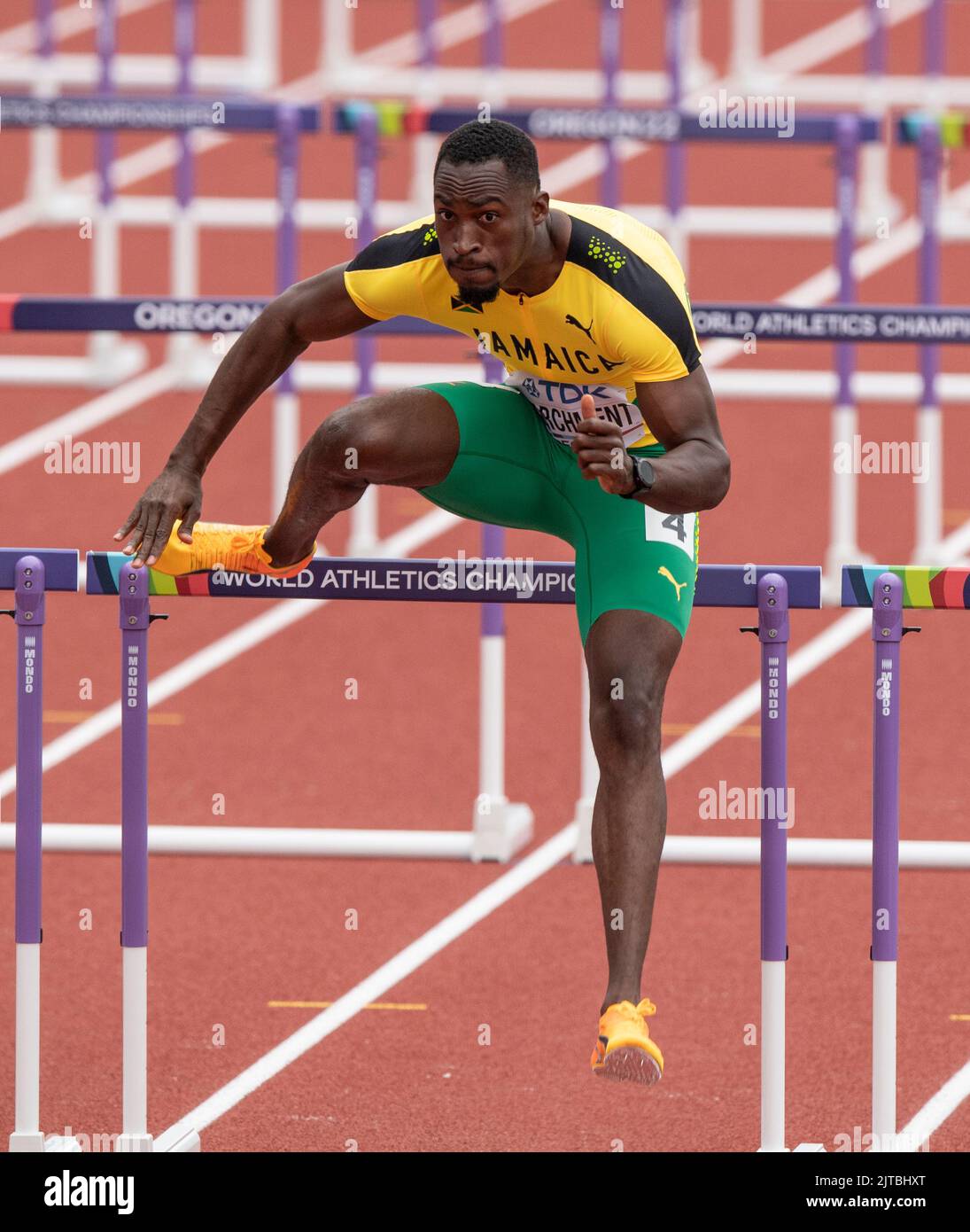 Hansle Parchment of Jamaica competing in the men’s 110m hurdles heat 4