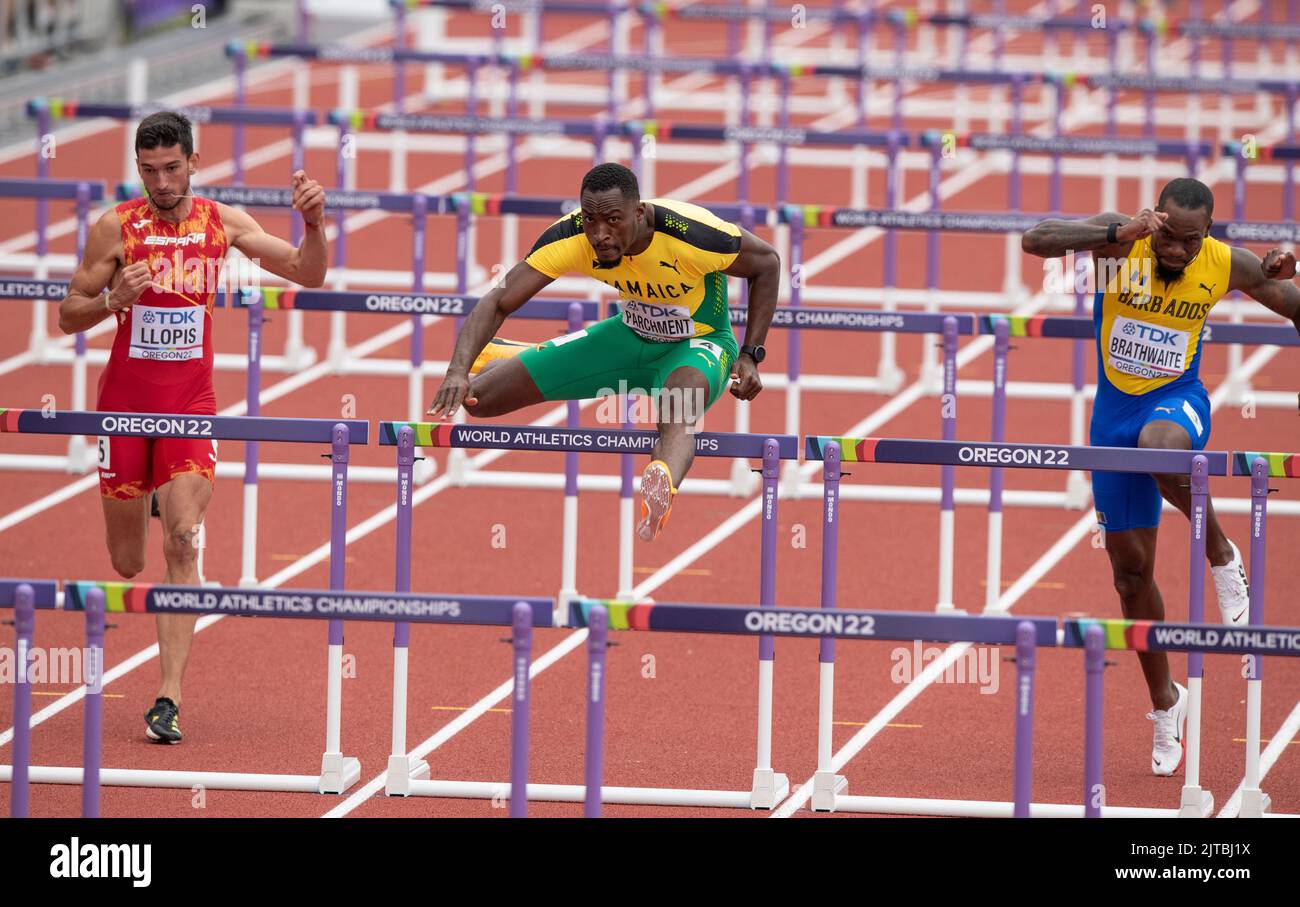Hansle Parchment of Jamaica competing in the men’s 110m hurdles heat 4