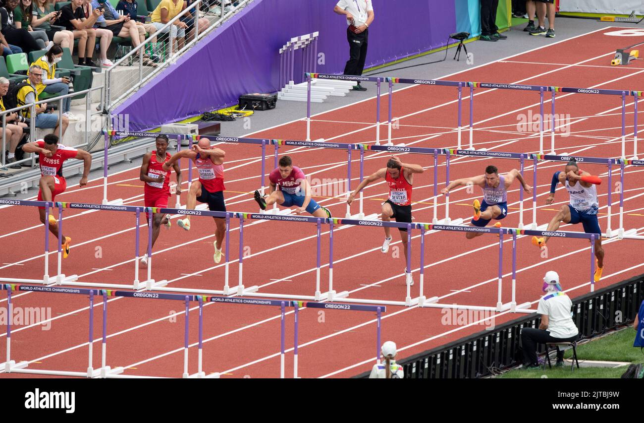 Men 110m Hurdles heat 1 at the World Athletics Championships, Hayward Field, Eugene, Oregon USA