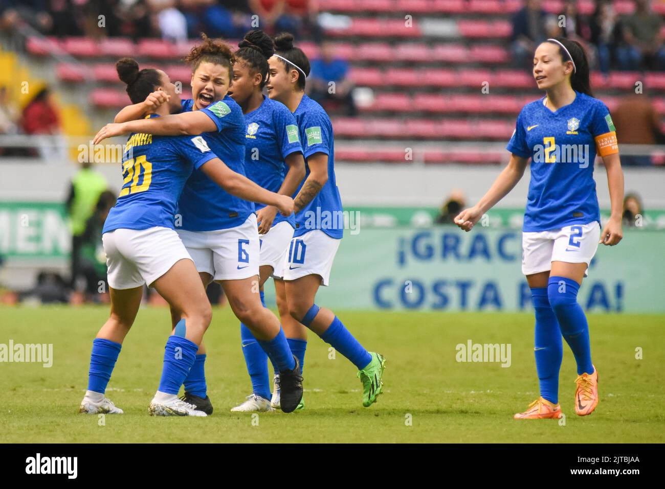 SAN JOSE, Costa Rica: Brazil squad celebrates goal scored by ANA CLARA (6) during the match played between Brazil and Netherlands for the play-off for Stock Photo