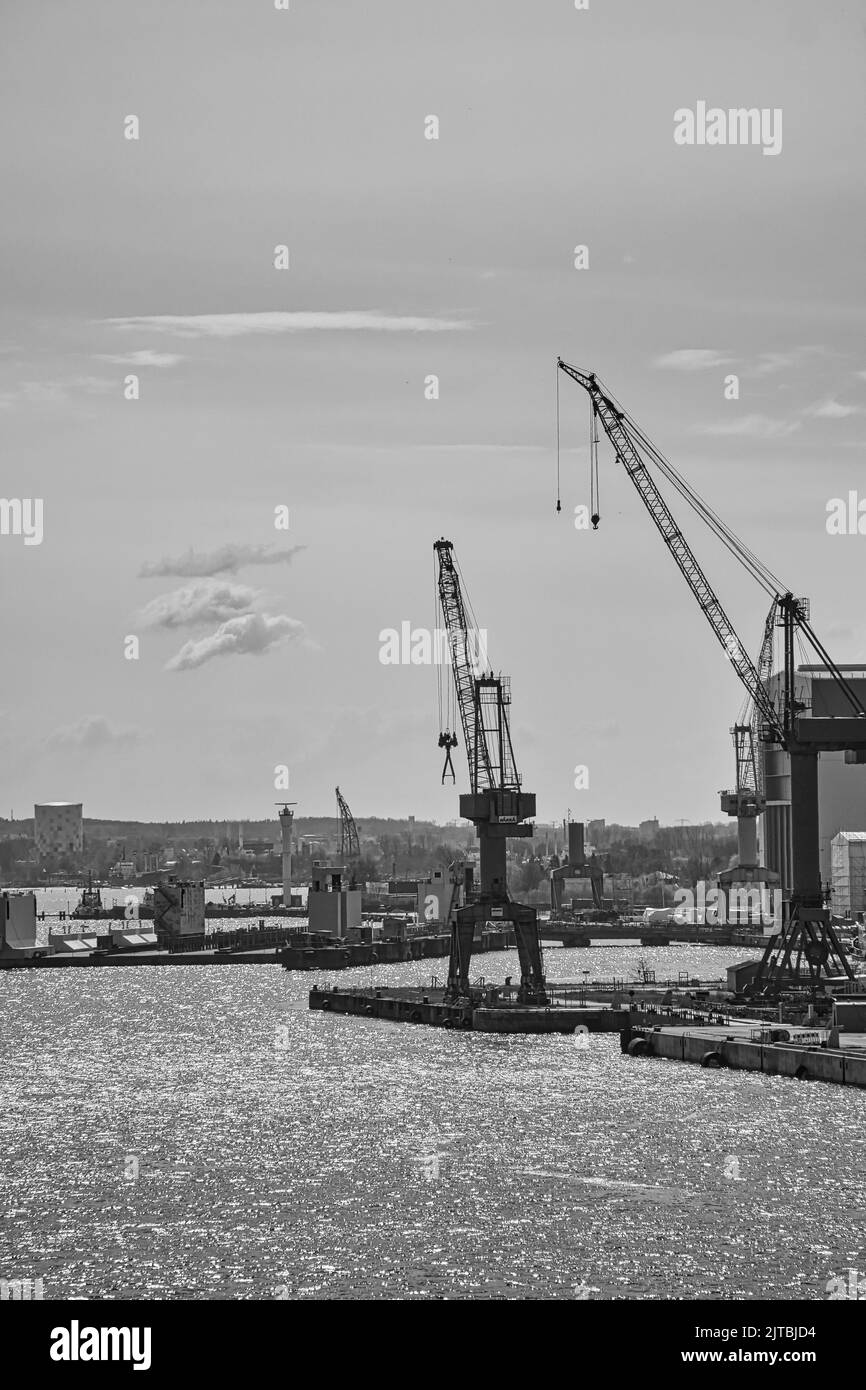 A vertical black and white shot of cranes surrounded by the ocean in ...