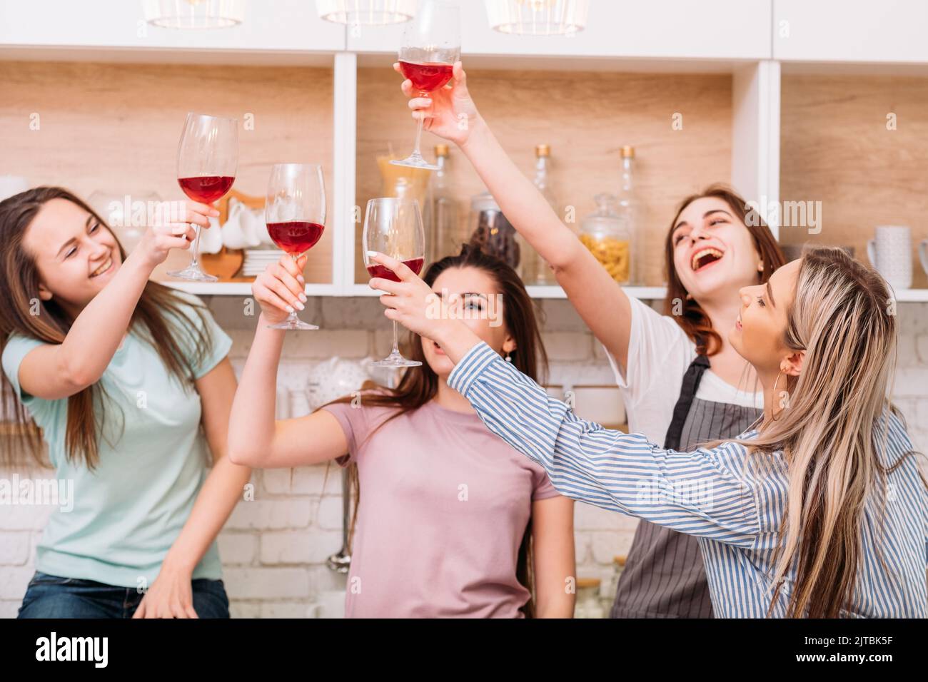 cheers friends women home party leisure lifestyle Stock Photo