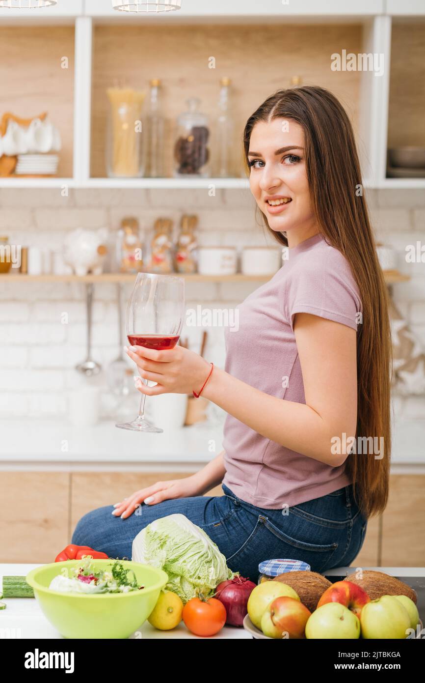 evening home alcohol relaxation female red wine Stock Photo