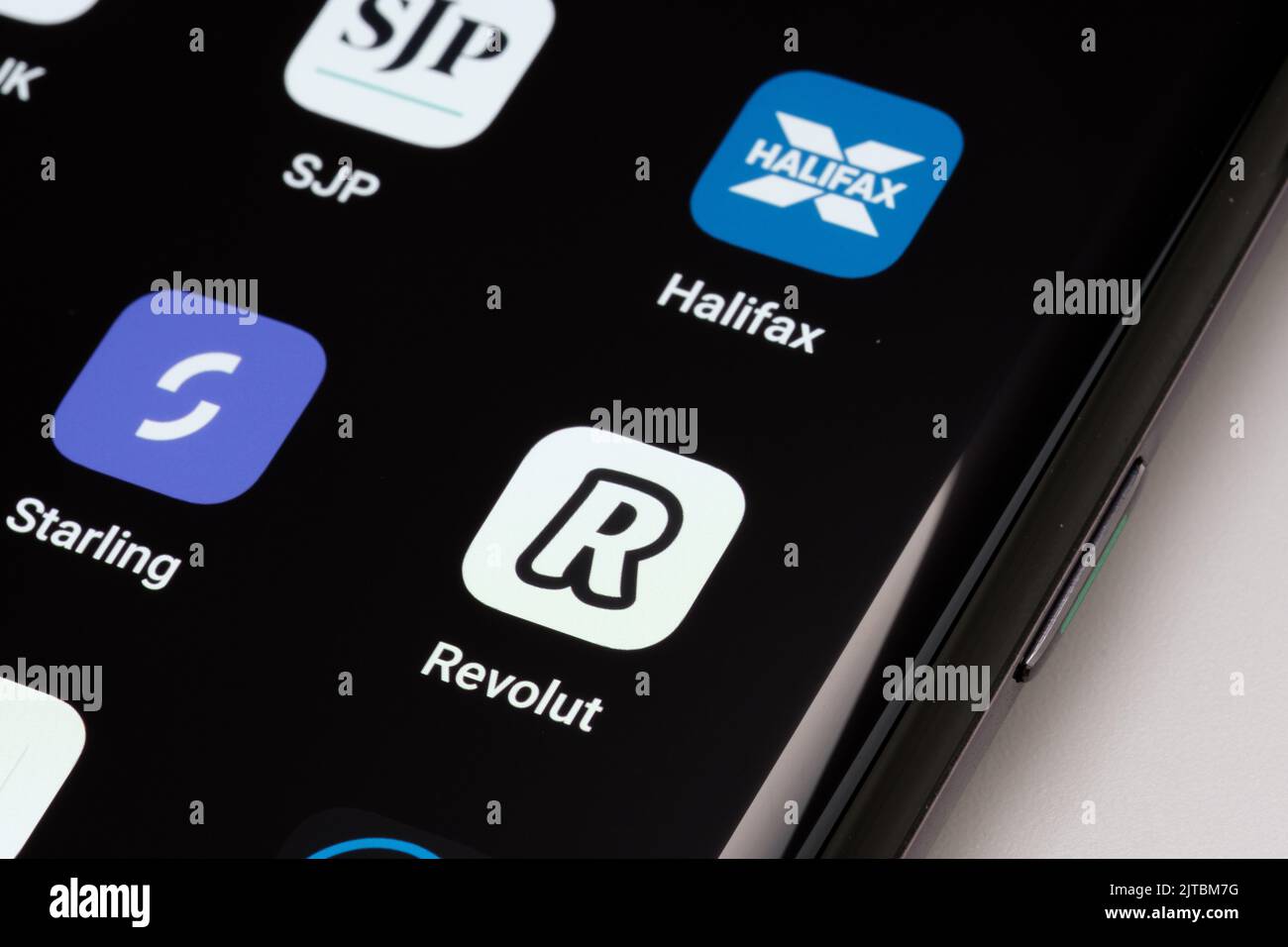 Revolut. Starling, Hailfax SJP apps seen on smartphone Stock Photo