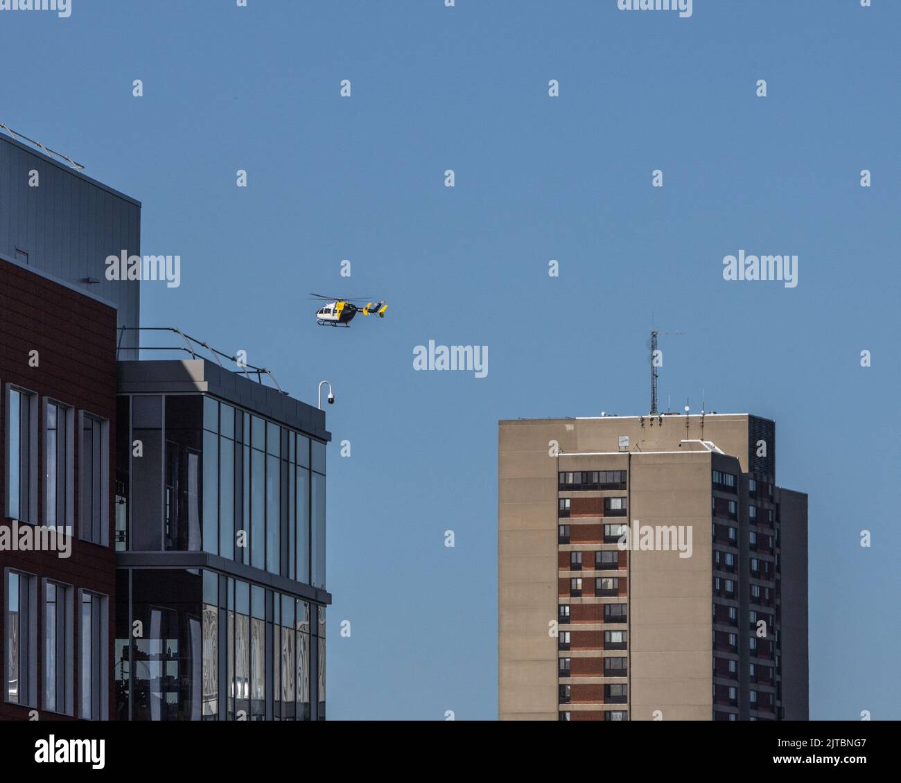 A medical helicopter shortly after taking off from a Boston hospital Stock Photo