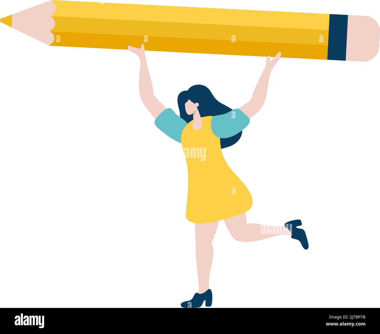 Tiny woman holding big yellow pencil over her head. Concept of search ...