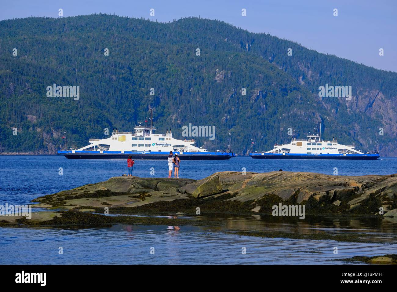 Ferry on the Saugenay Fjord from Baie-Ste. Catherine to Tadoussac, Quebec. Stock Photo