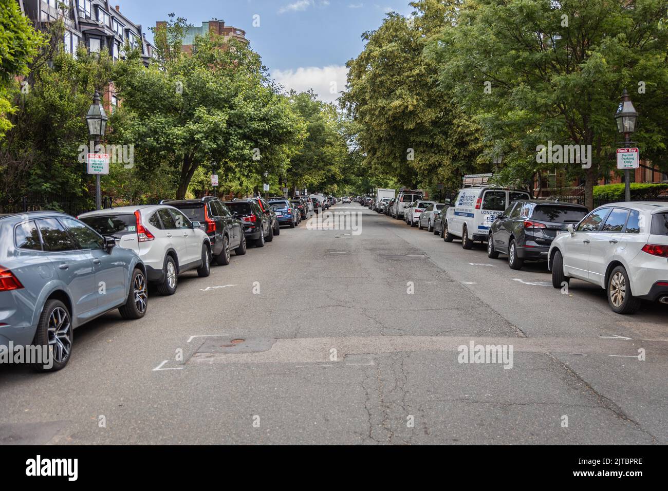 A street parking on busy Back Bay street in the morning Stock Photo