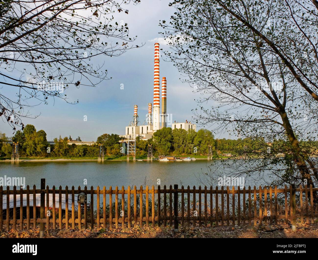 Italy, Lombardy. Thermal power plant along the banks of the Po river, Italy. Stock Photo