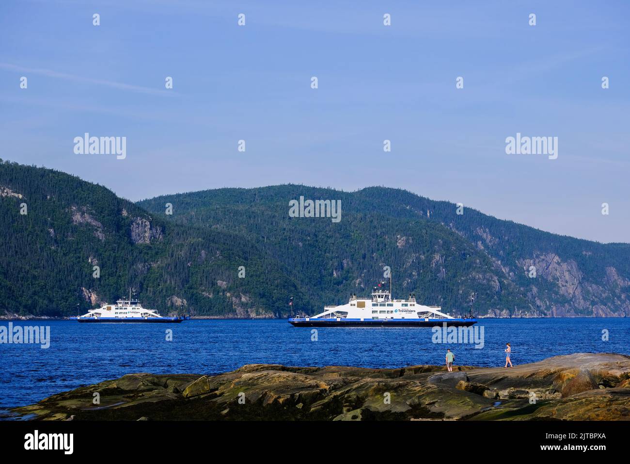 Ferry on the Saugenay Fjord from Baie-Ste. Catherine to Tadoussac, Quebec. Stock Photo