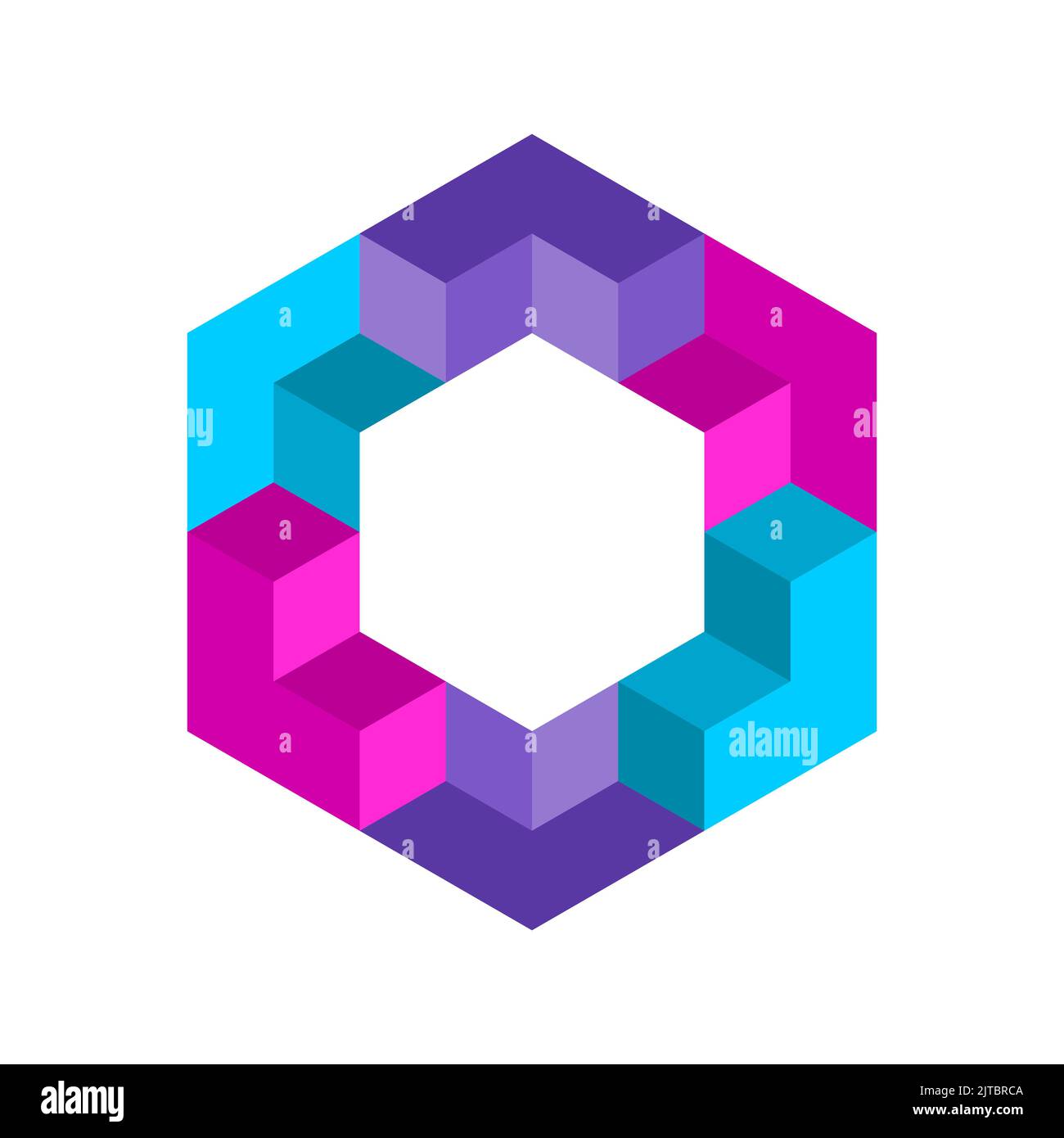 Colorful hexagon shape made of 3D elements. Creative logo template. Letter L reapeating. Symmetric geometric object. Teamwork concept. Vector Stock Vector