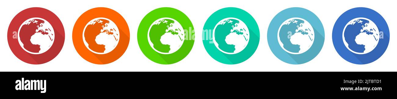 Earth icon set, flat design vector illustration in 6 colors options for ...