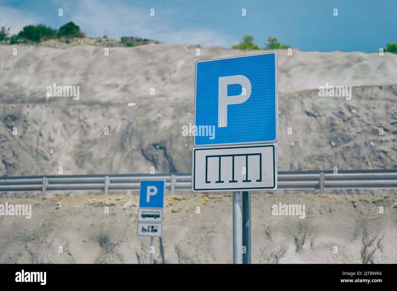 Parking of an expressway through a rural area Stock Photo