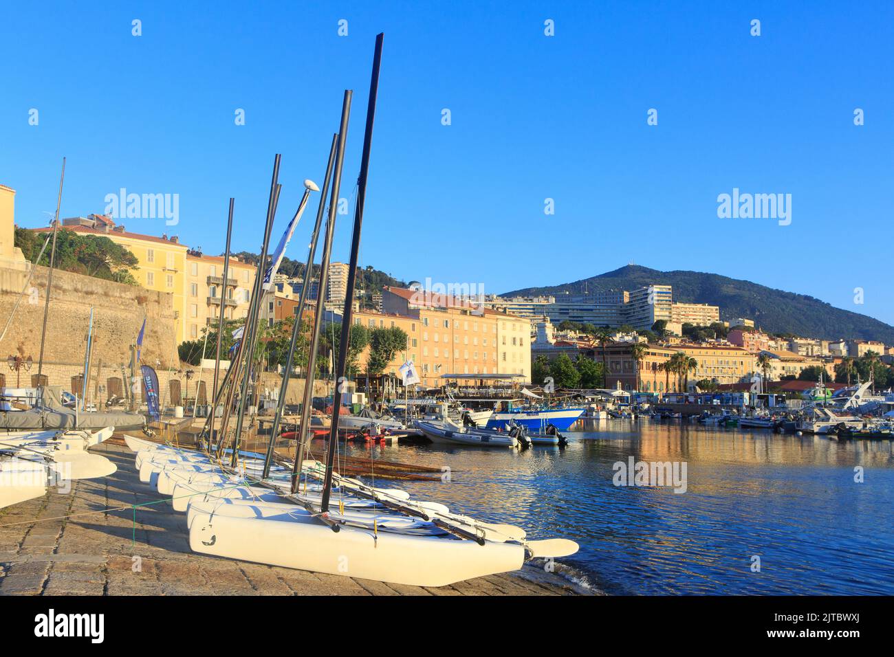 Recreational watercraft, motorboats and fishing vessels and at the port of Ajaccio (Corse-du-Sud) on the island of Corsica, France Stock Photo