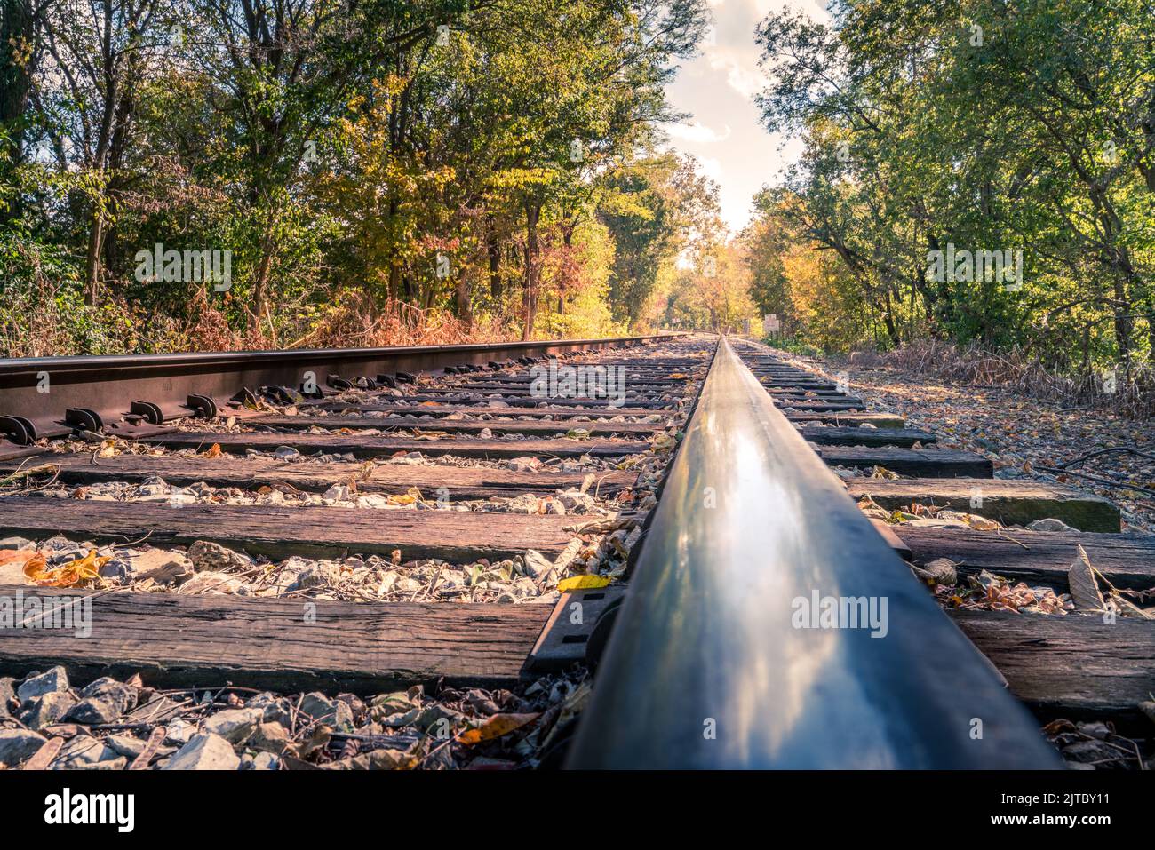 Ground level view down the railroad tracks in Central Kentucky Stock Photo