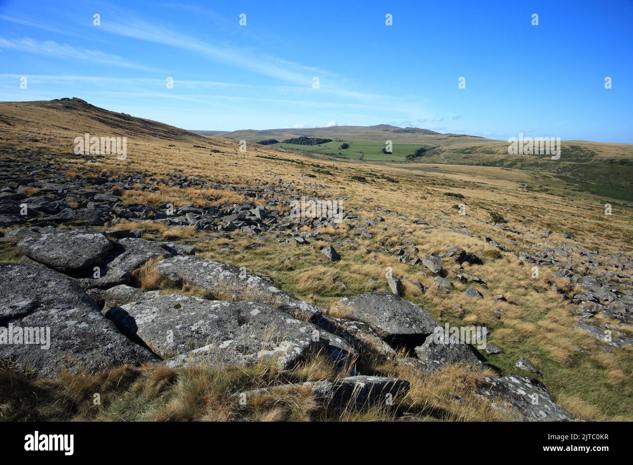 View from Belstone common, including Belstone tor, Yes tor and West Mill tor in the distance, Dartmoor, Devon, England, UK Stock Photo