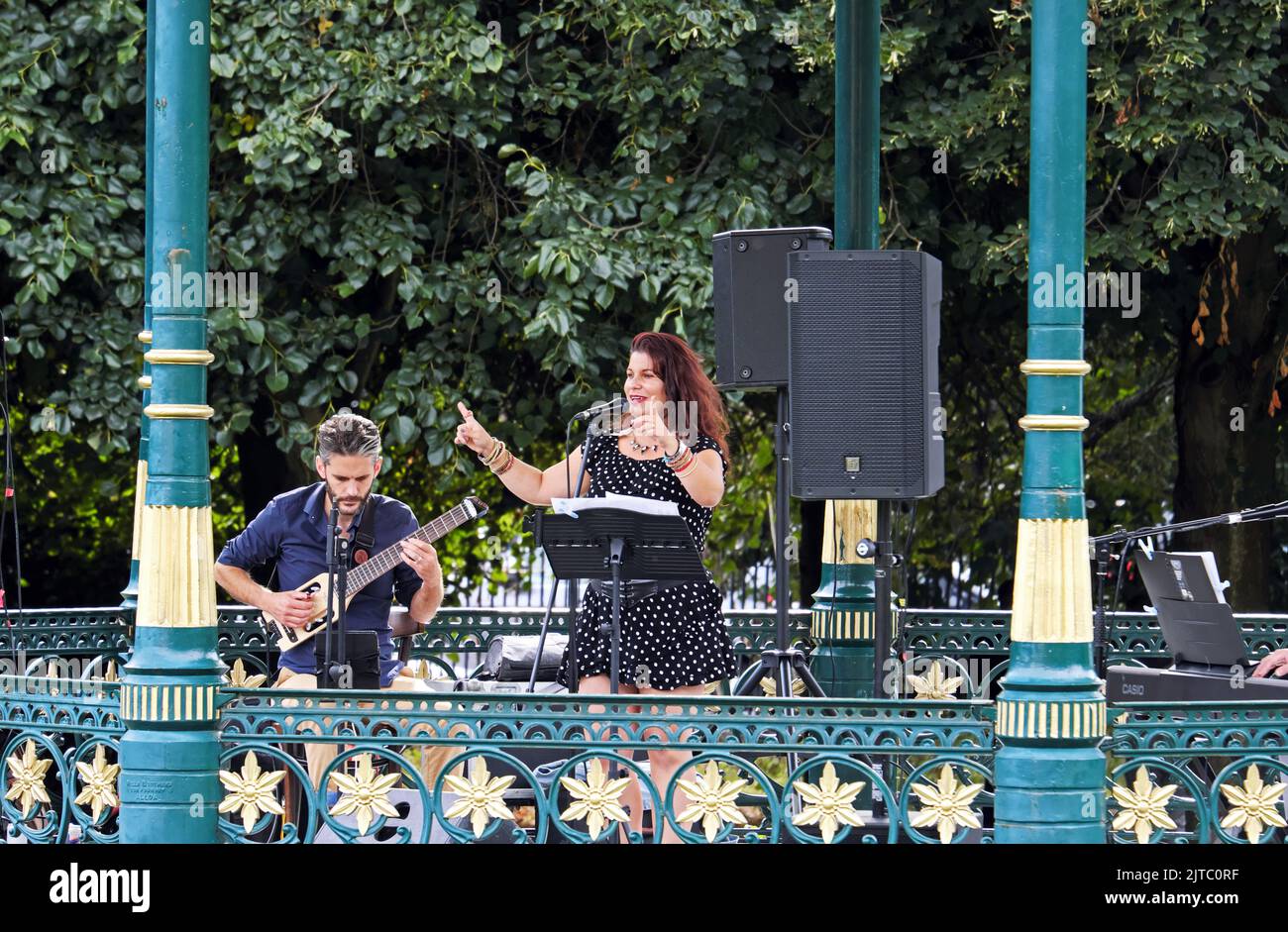 Weston-super-Mare, UK. 28 August 2022. Tango band Tango Calor performing a Sunday afternoon concert in the bandstand in Grove Park. This is part of the Weston Bandstand Sessions, a series of concerts running throughout the summer of 2022. Stock Photo