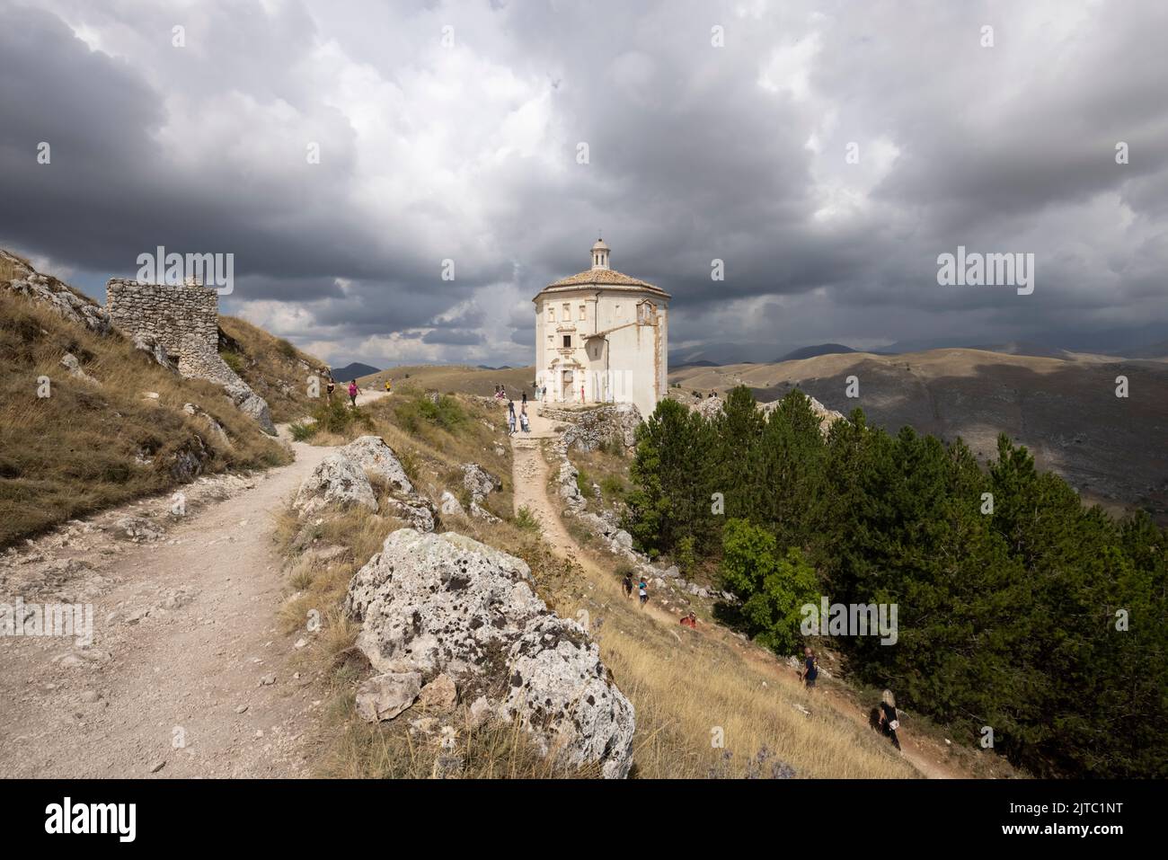 Castle ruins on mountain top at Rocca Calascio, italian travel destination, landmark in the Gran Sasso National Park, Abruzzo, Italy. Stock Photo
