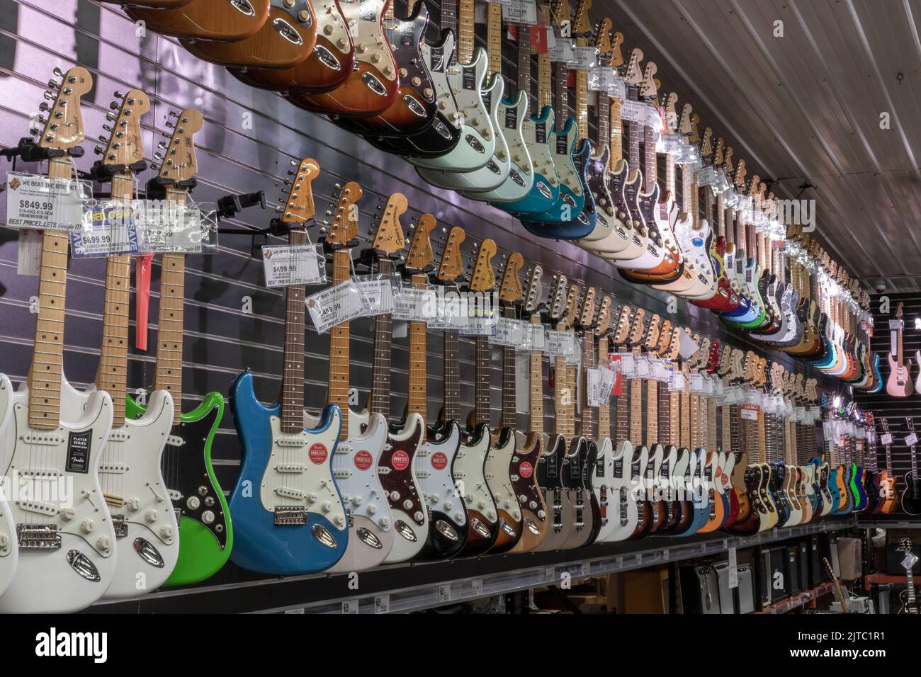 Muncie Circa August 2022 Fender Stratocaster guitar display at a