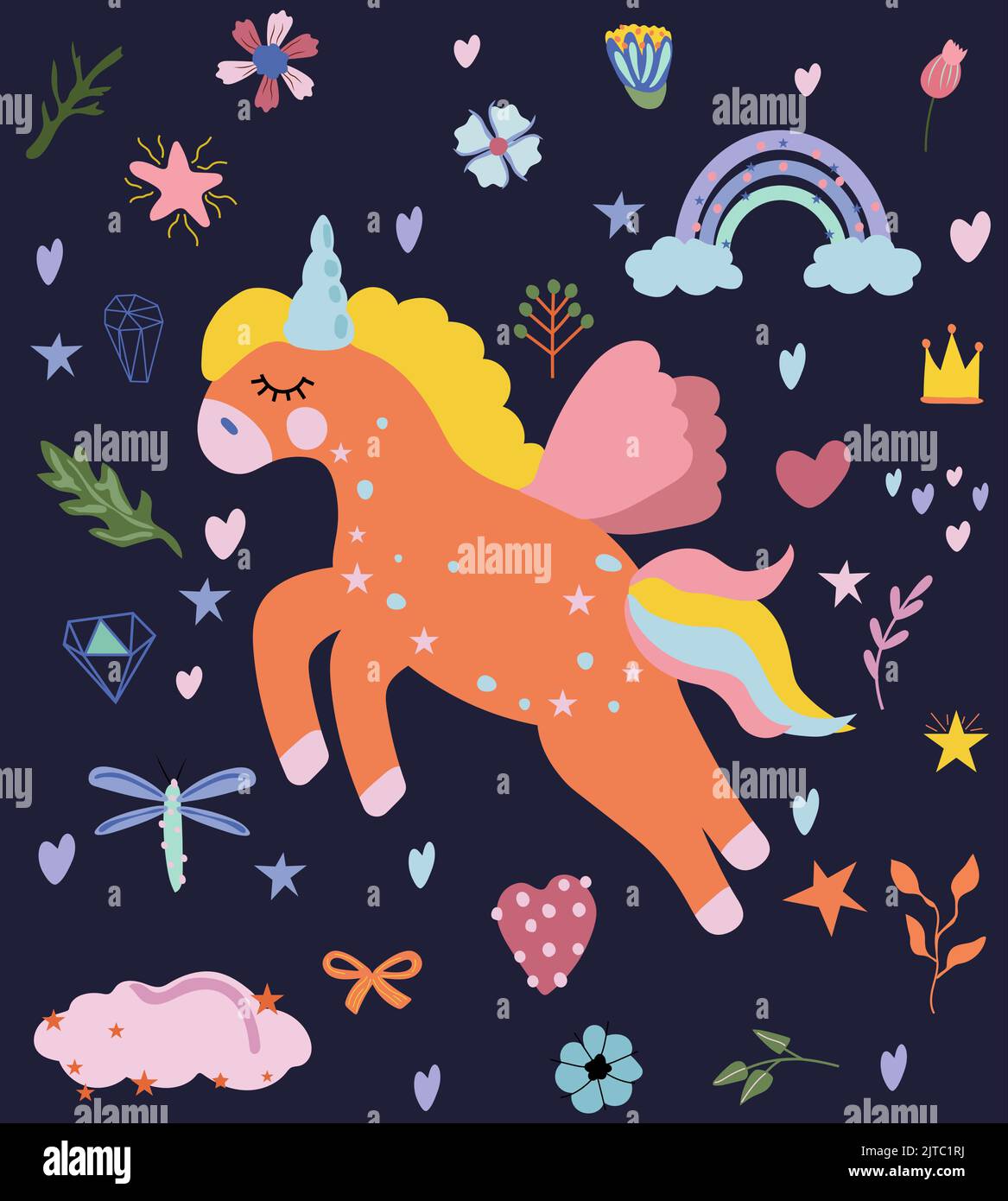 Cute Unicorn with colorful the tail, rainbow, cloud, flowers and leaves in cartoon style. Fairy ...