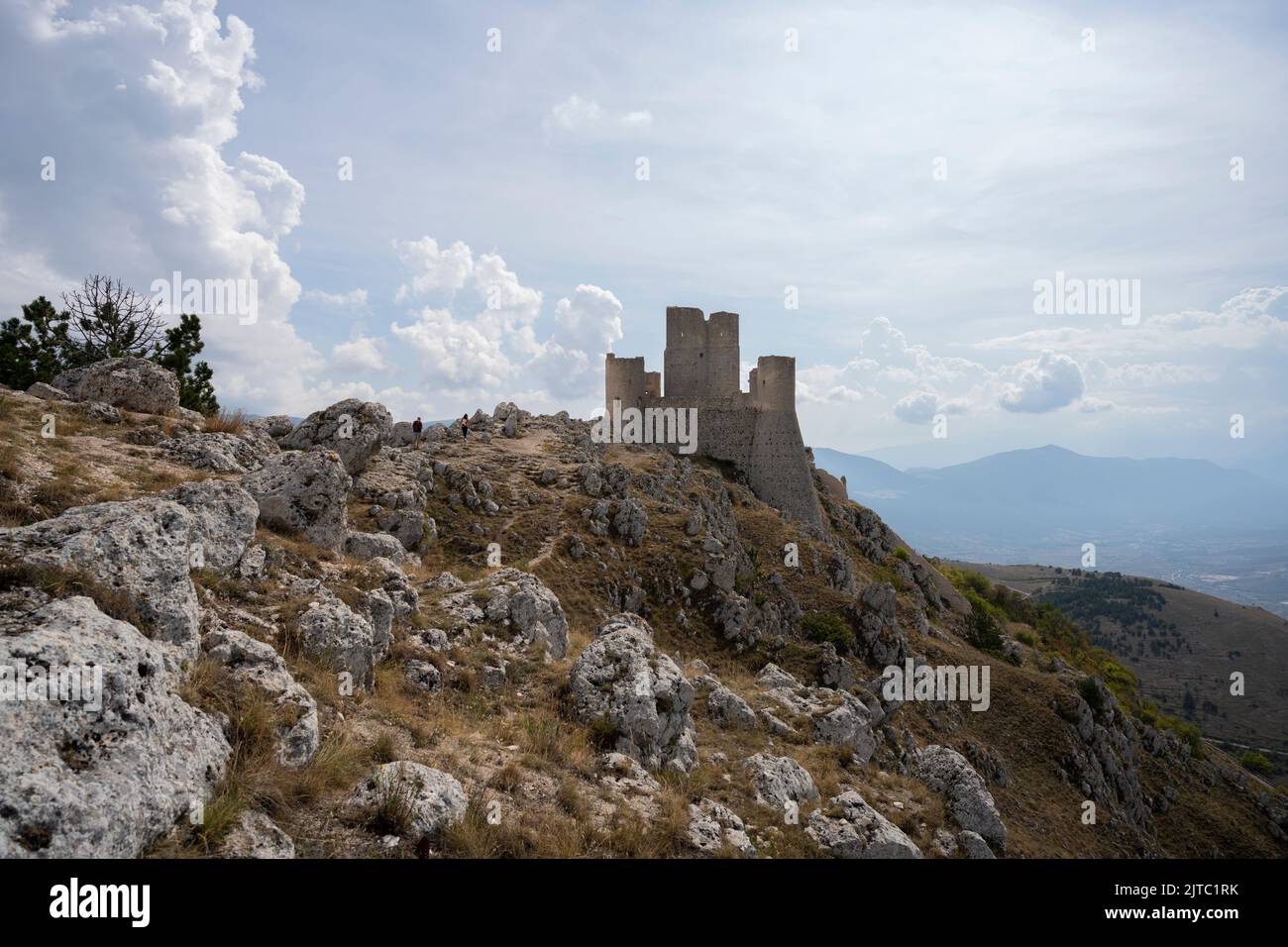 Castle ruins on mountain top at Rocca Calascio, italian travel destination, landmark in the Gran Sasso National Park, Abruzzo, Italy. Stock Photo