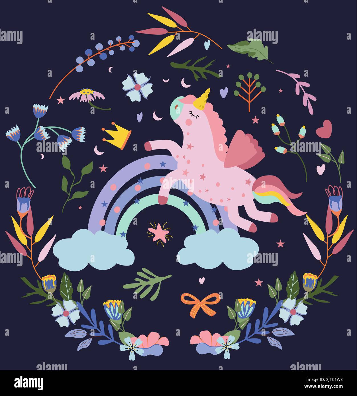 Cute Unicorn with colorful the tail, rainbow, cloud, flowers and leaves in cartoon style. Fairy ...