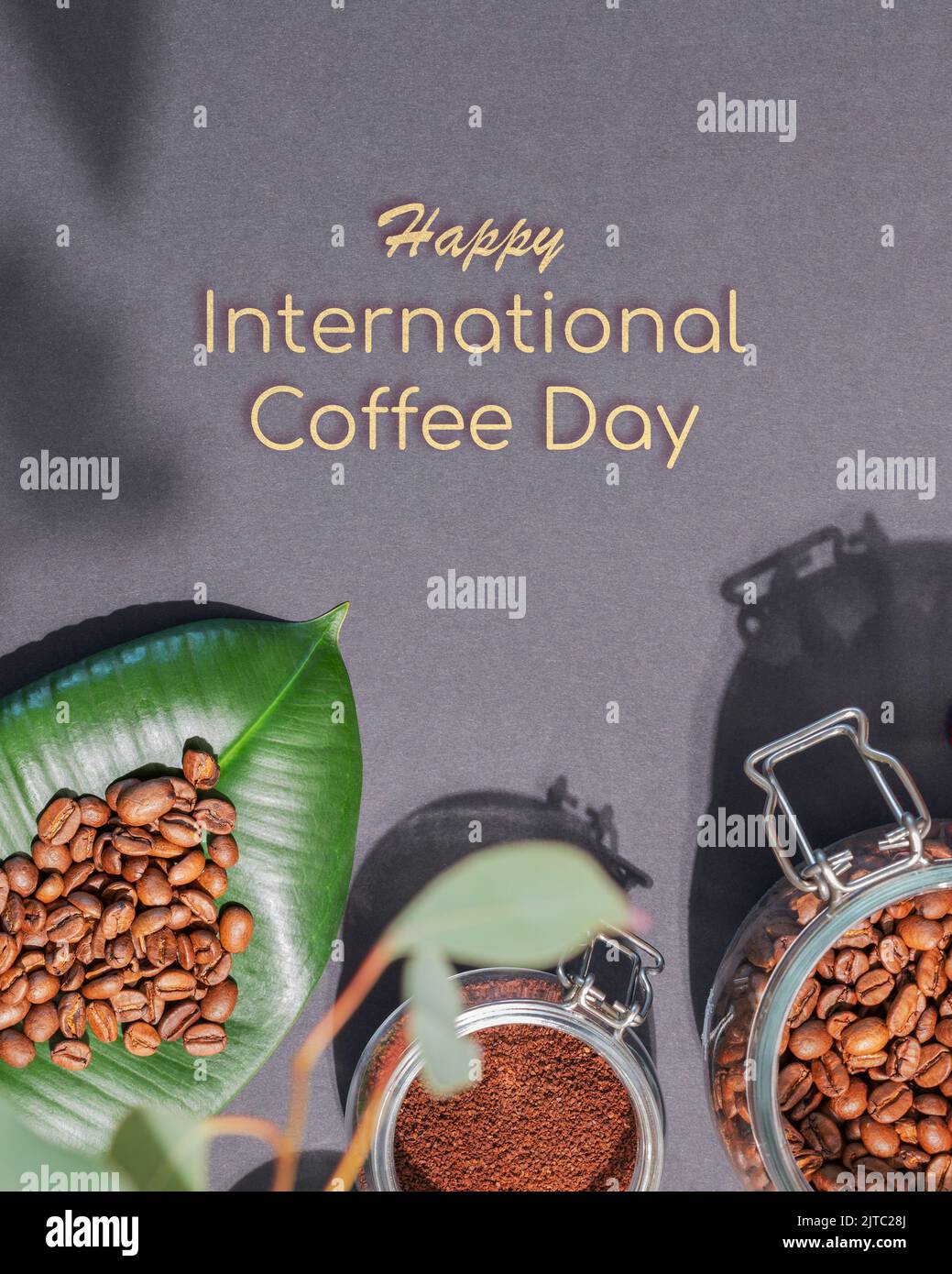 Picture of International coffee day card with organic roasted coffee beans on a ...