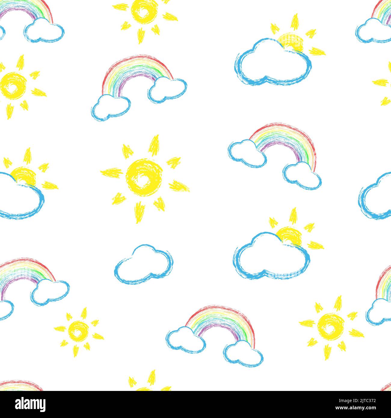 Seamless pattern with Chalk clouds and rainbows. Stock Vector