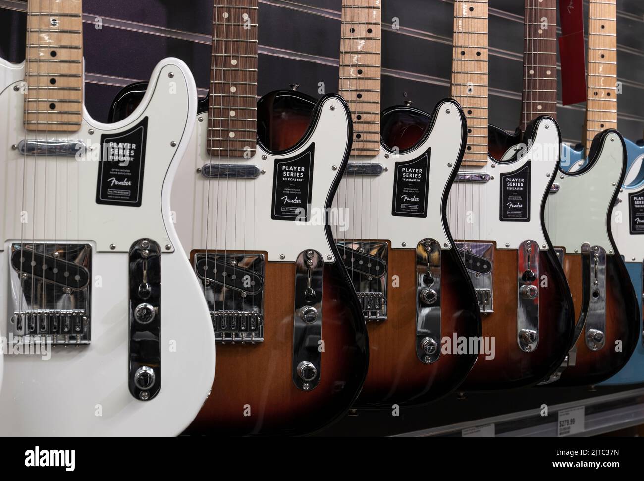 Muncie Circa August 2022 Fender Telecaster guitar display at a music