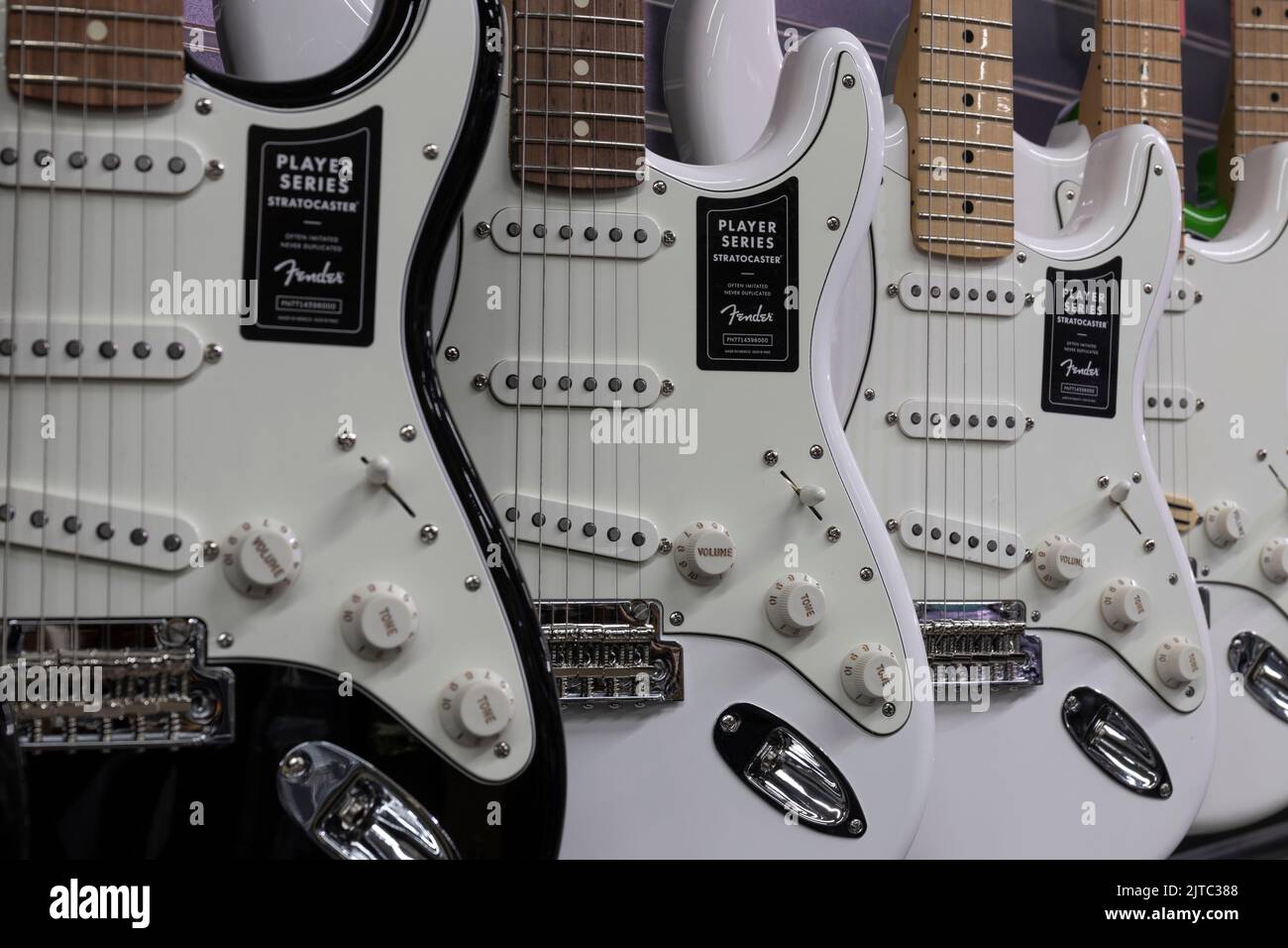 Muncie Circa August 2022 Fender Stratocaster guitar display at a