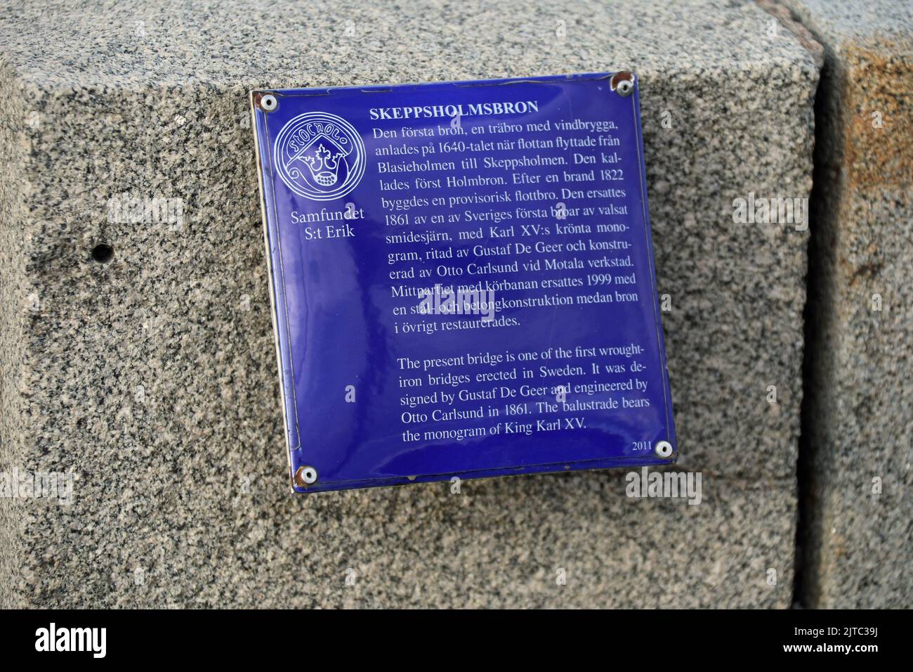 Information plaque on Skeppholmsbron in Stockholm Stock Photo