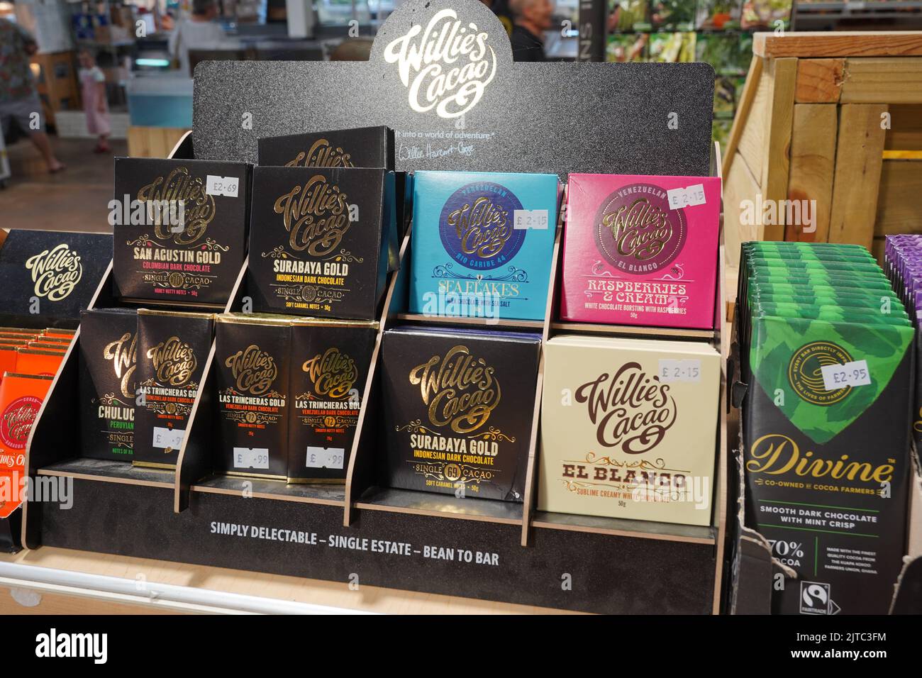 Exeter, UK August 2022 Willies Cacao chocolate bars for sale Stock