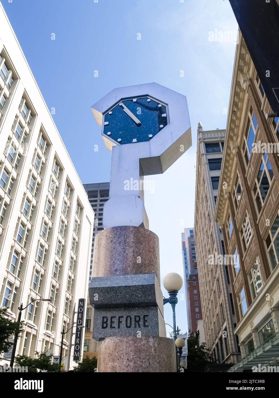 Seattle USA - July 21 2008; City clock held in concrete question mark ...