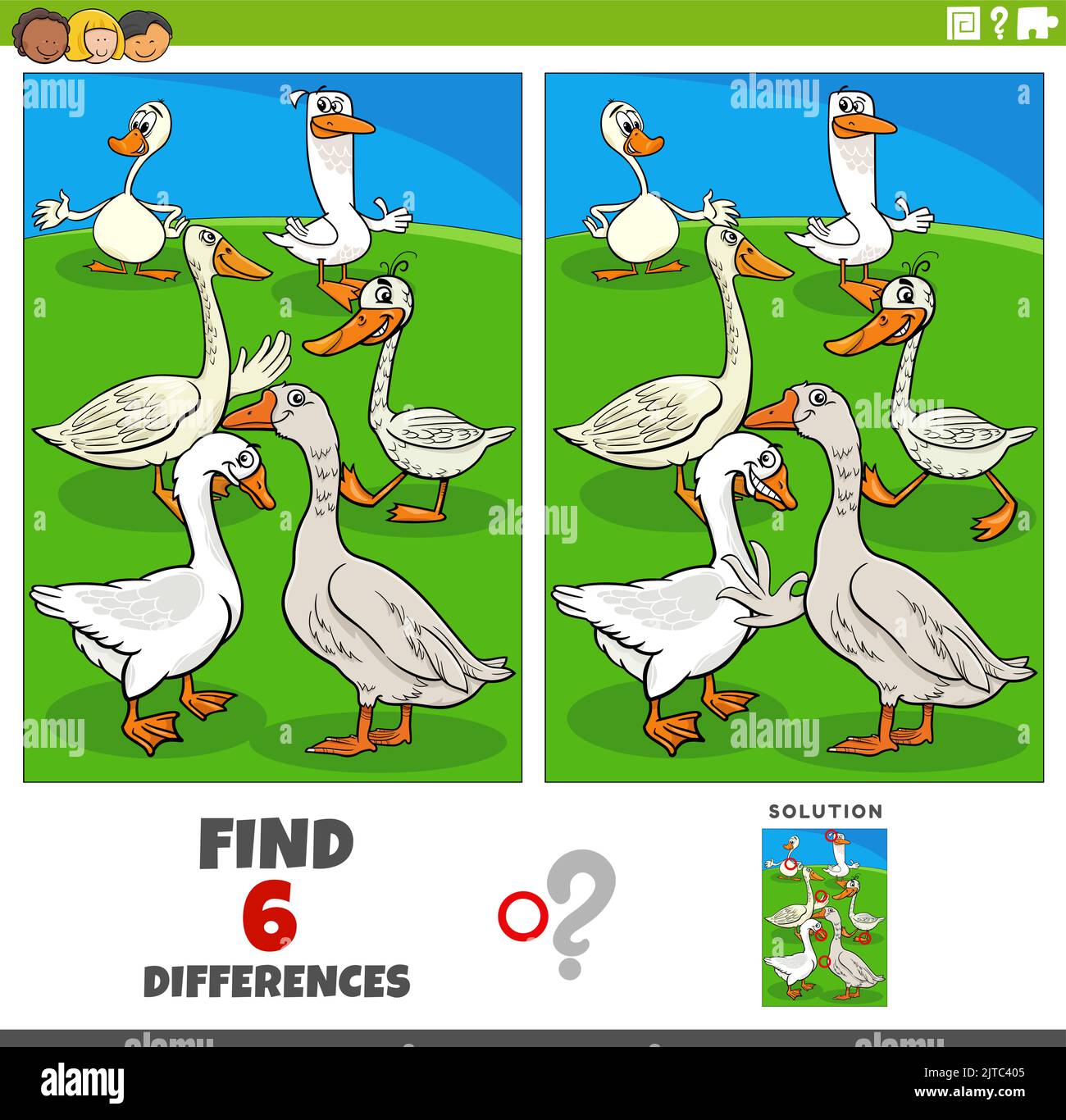 Cartoon illustration of finding the differences between pictures