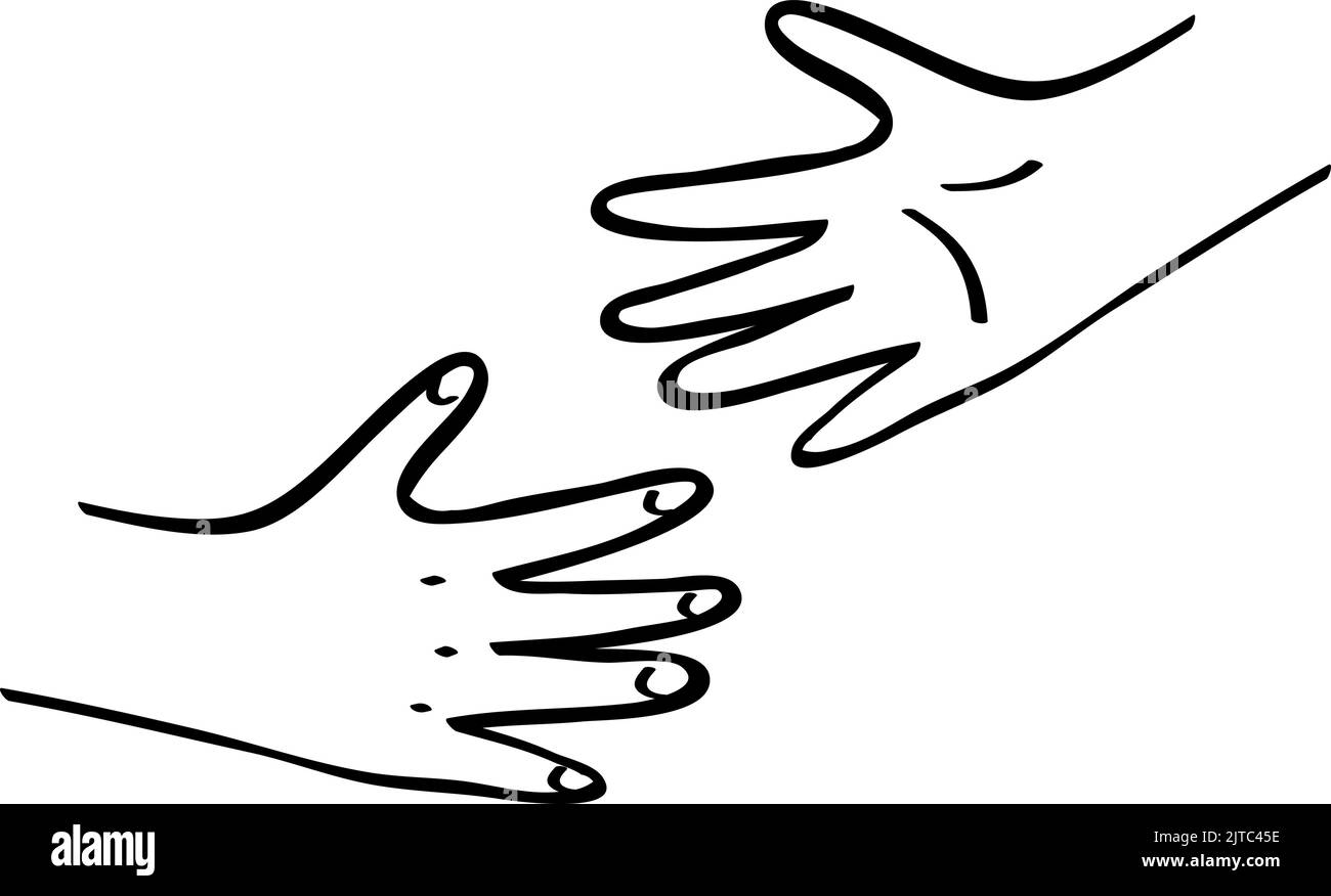 Kids hands reaching out to each other. Black and caucasian unity, diversity concept. Outline illustration in hand drawn style Stock Vector