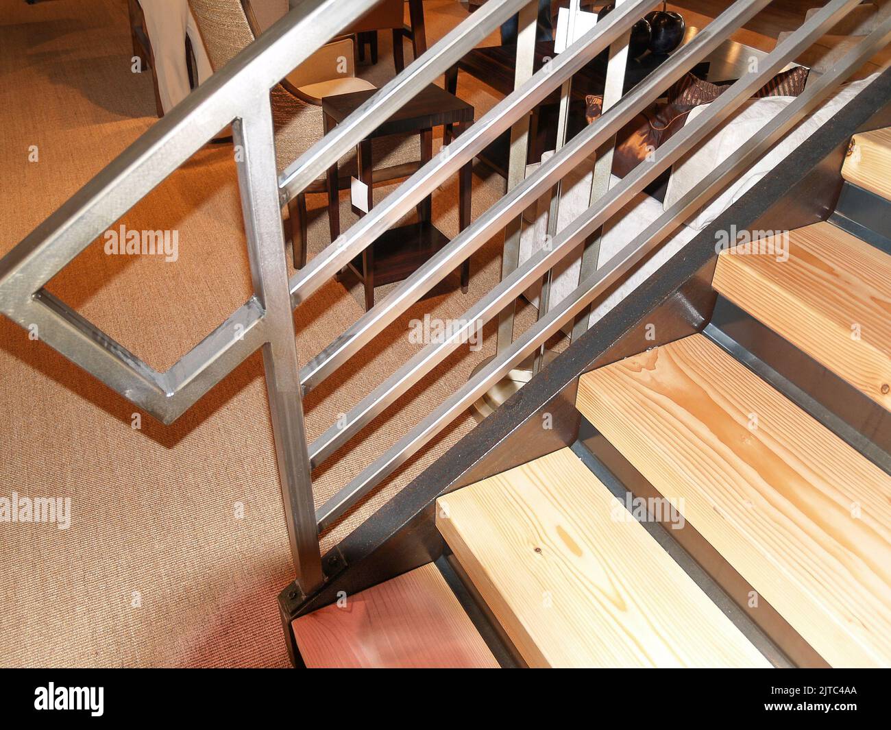 Steel staircase railing trendy design square profile railing elements. Stock Photo