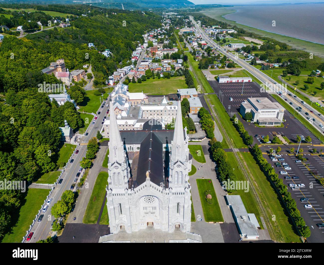 Basilica of Sainte-Anne-de-Beaupré in Quebec, Canada aerial view Stock Photo