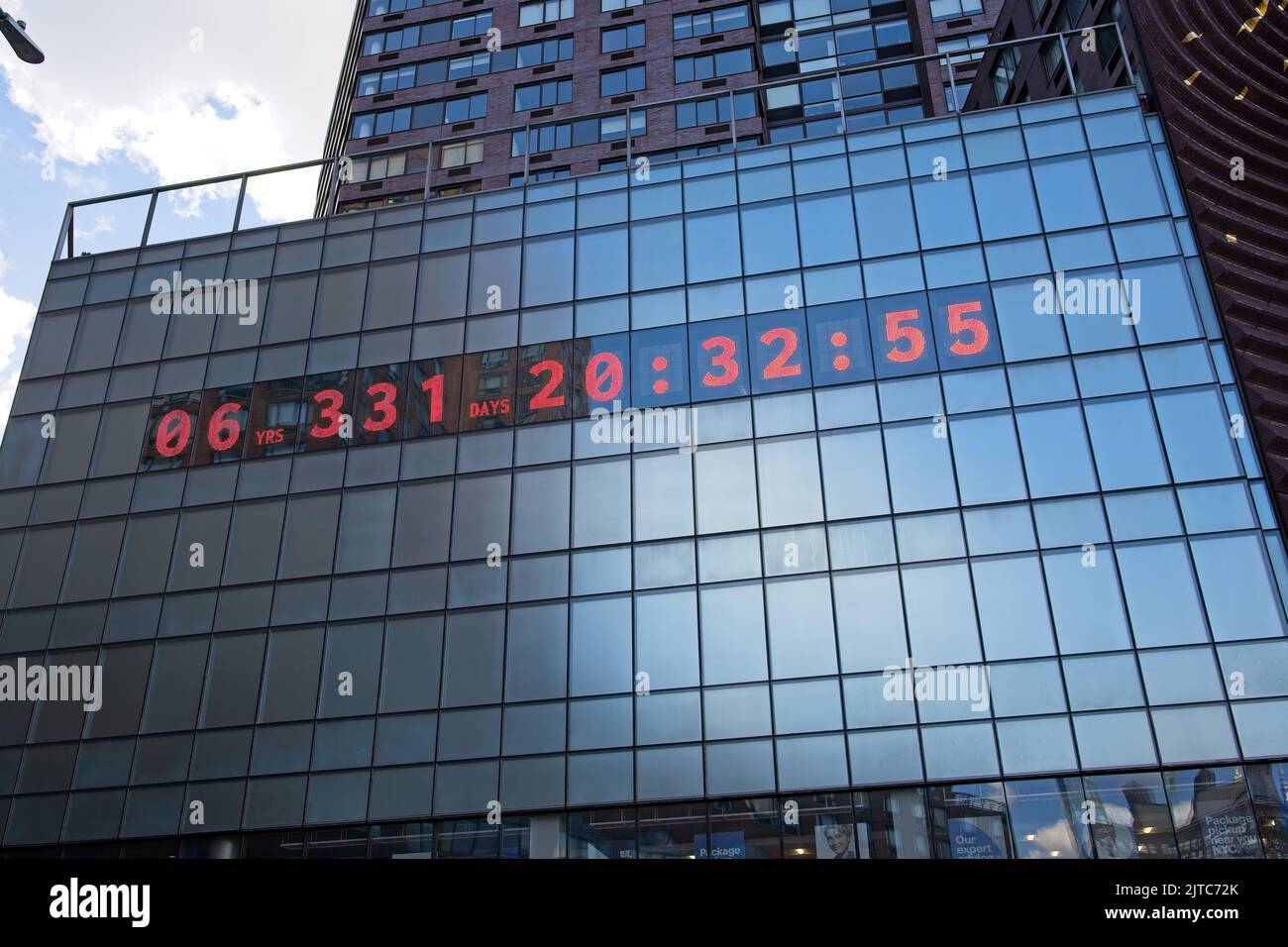 New York, NY, USA - Aug 29, 2022: An electronic clock at Union Square shows how much time the planet has left to prevent global warming to become perm Stock Photo