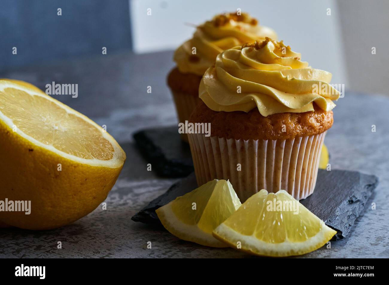 lemon cream cake with fruit slices Stock Photo