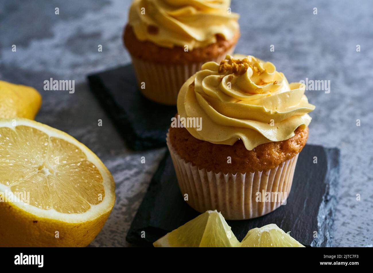 lemon cream cake with fruit slices Stock Photo