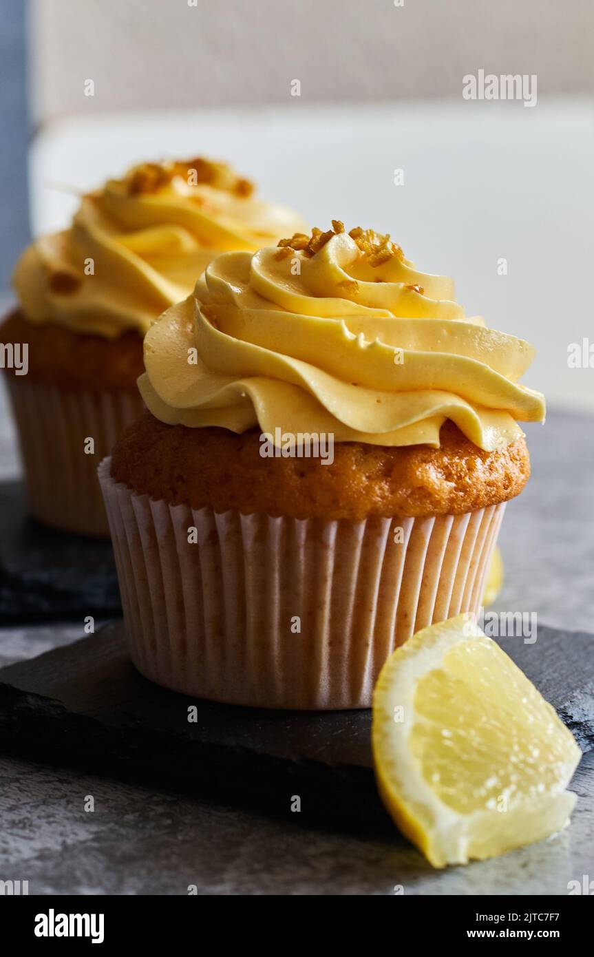 lemon cream cake with fruit slices Stock Photo