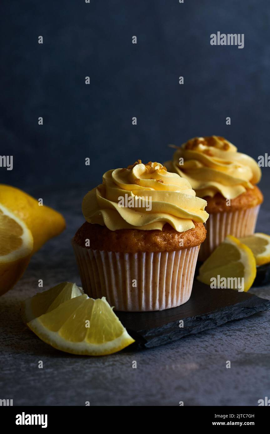 lemon cream cake with fruit slices Stock Photo