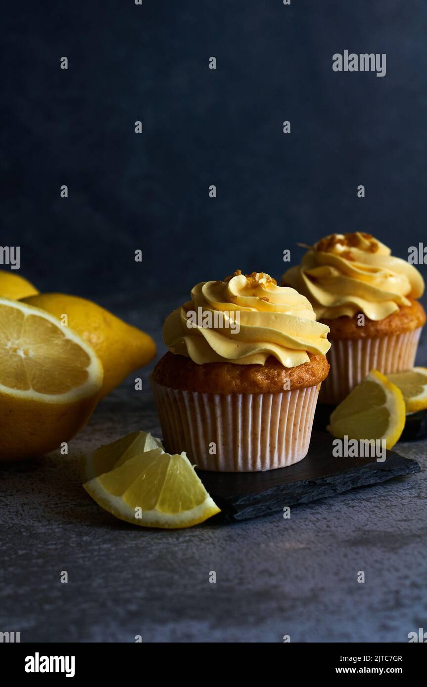 lemon cream cake with fruit slices Stock Photo