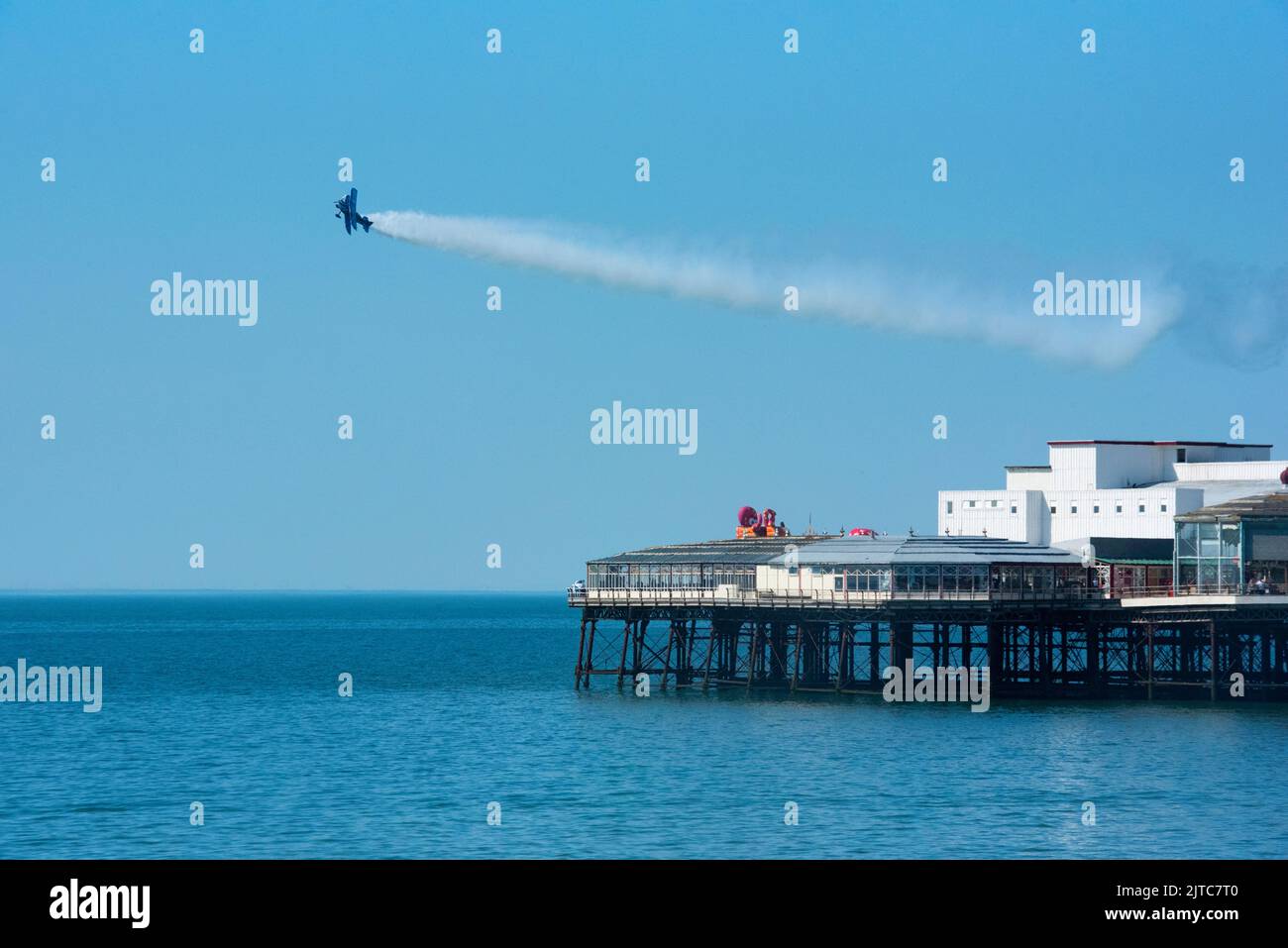 Rich Goodwin in the Muscle Biplane Sabio G-JPIT Jet Pitts flying over North Pier in Blackpool, during Blackpool Air Show, August 13th, 2022 Stock Photo